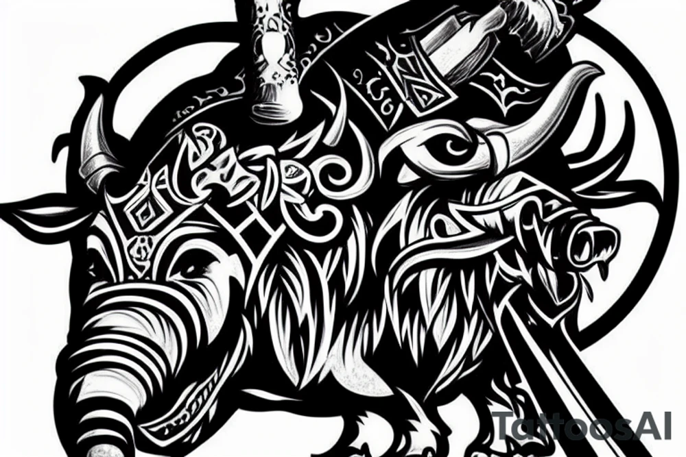 one Boar head with tusks with a sword piercing its head high detail tattoo idea