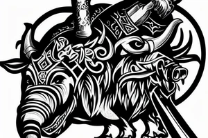 one Boar head with tusks with a sword piercing its head high detail tattoo idea