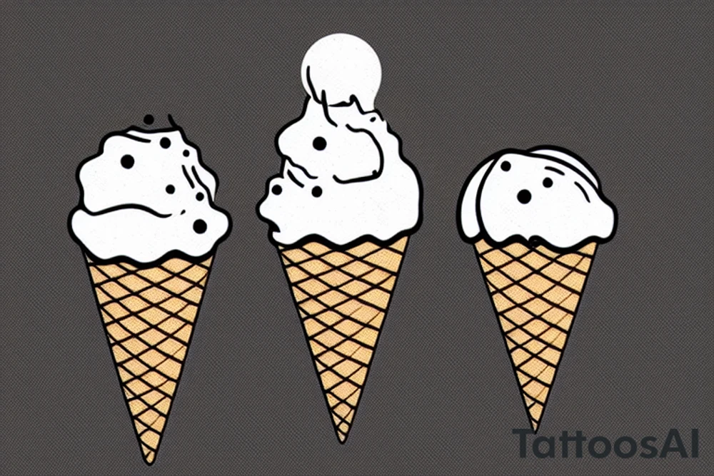 2 scoops of hard ice cream two different colors on a cone that has buttons, a needle, and a thread being sewn into it. tattoo idea