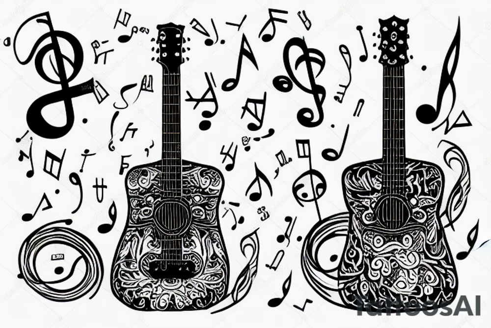 Guitar tattoo using music notes tattoo idea