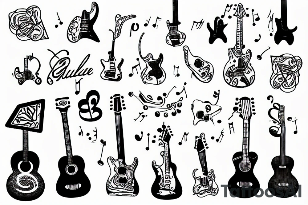 Guitar tattoo with music notes and lines tattoo idea