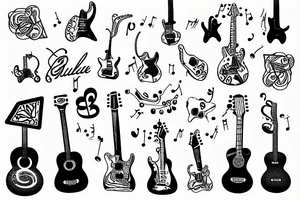 Guitar tattoo with music notes and lines tattoo idea