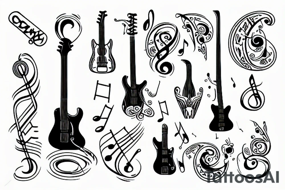Guitar tattoo with music notes and lines tattoo idea