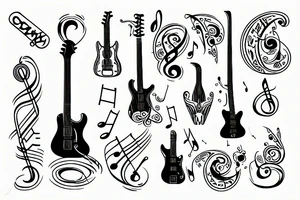 Guitar tattoo with music notes and lines tattoo idea