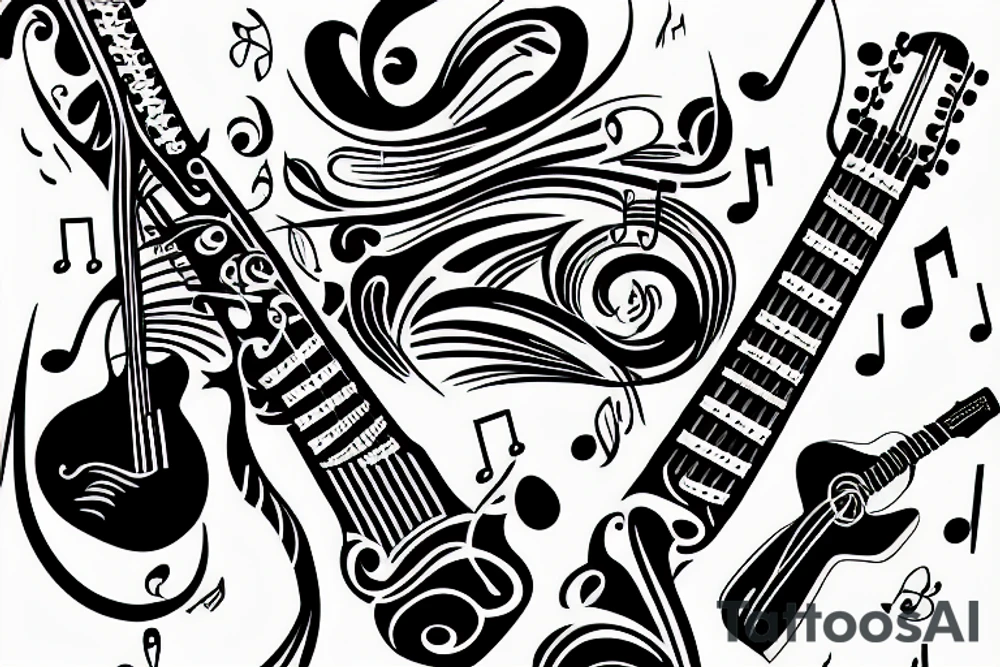 Guitar tattoo with music notes and lines tattoo idea