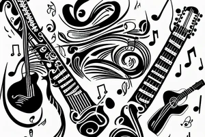Guitar tattoo with music notes and lines tattoo idea