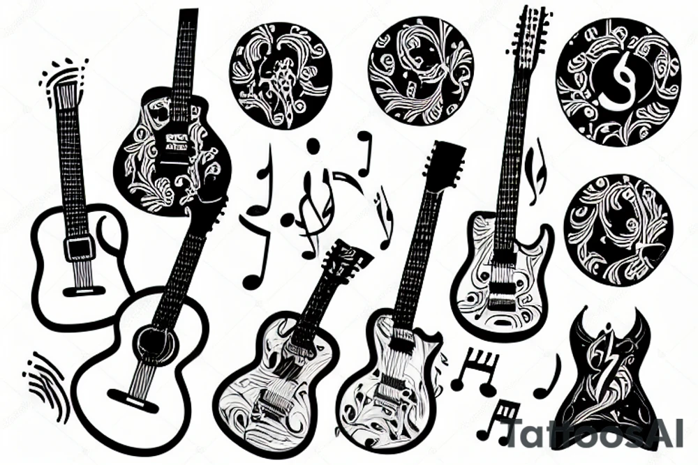 Guitar tattoo with music notes and lines tattoo idea
