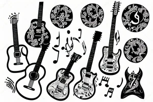Guitar tattoo with music notes and lines tattoo idea