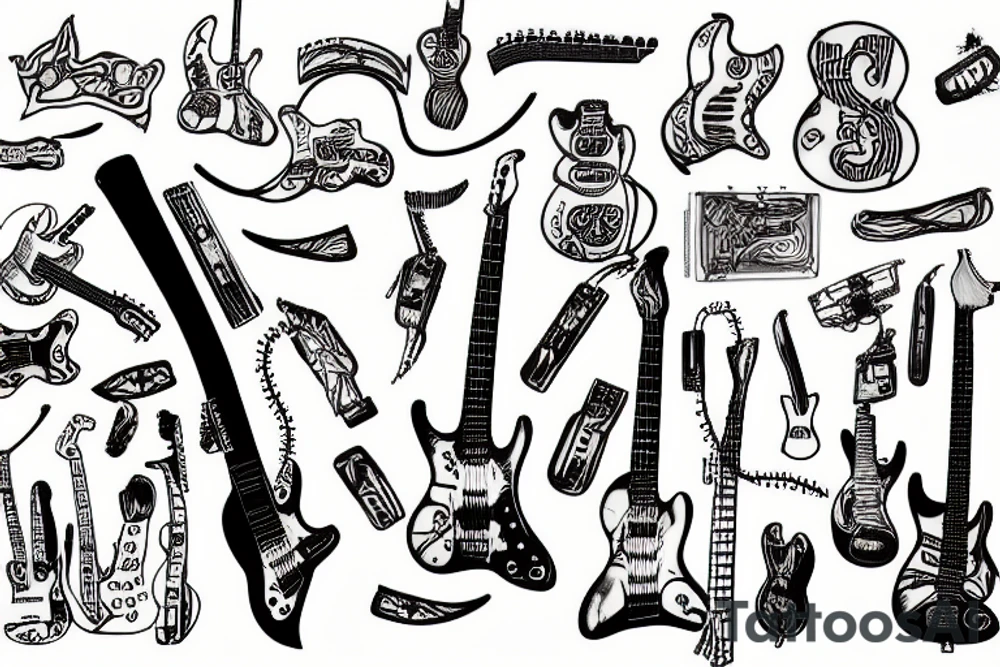 Guitar tattoo with music notes and lines, red hot chili peppers tattoo idea