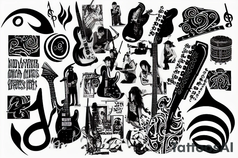Guitar tattoo with music notes and lines, red hot chili peppers tattoo idea