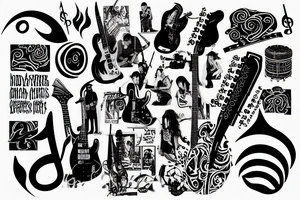 Guitar tattoo with music notes and lines, red hot chili peppers tattoo idea