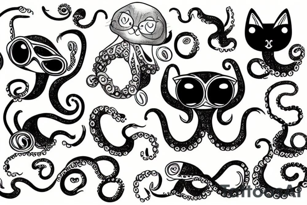 A cat with 4 eyes with lower part of the body as an octopus tattoo idea
