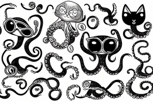 A cat with 4 eyes with lower part of the body as an octopus tattoo idea