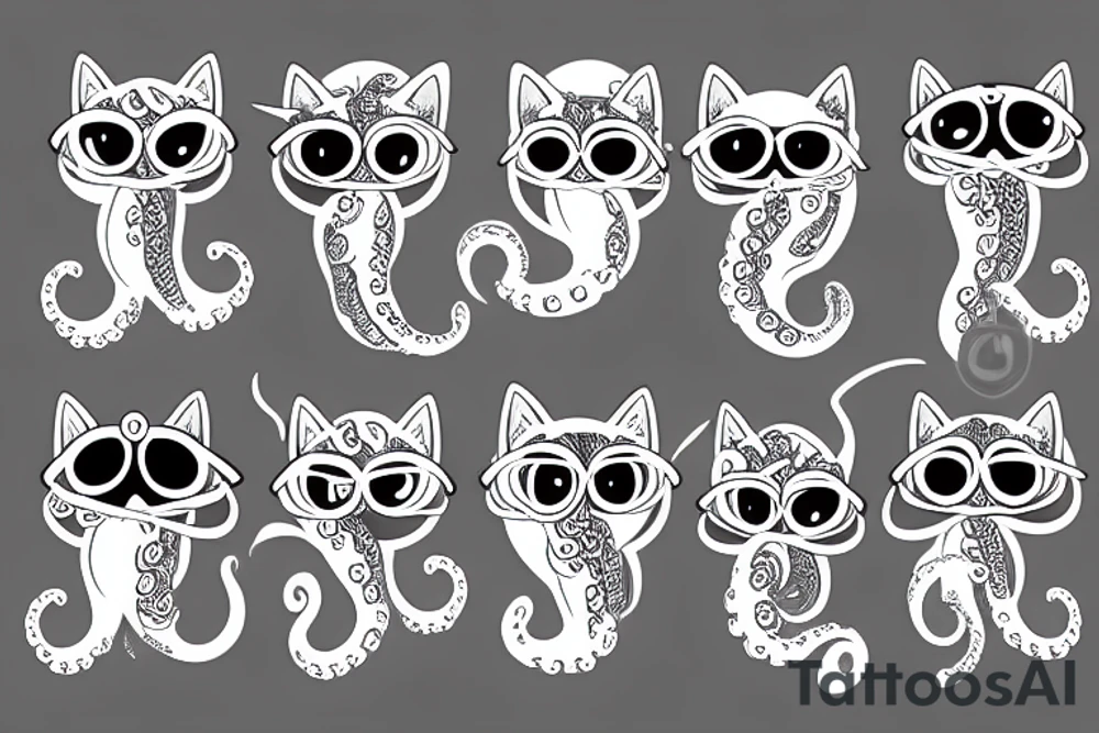 A cat with 4 eyes with lower part of the body as an octopus tattoo idea