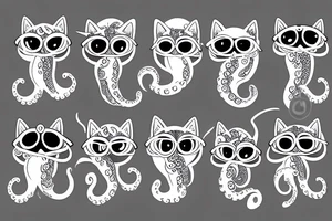 A cat with 4 eyes with lower part of the body as an octopus tattoo idea