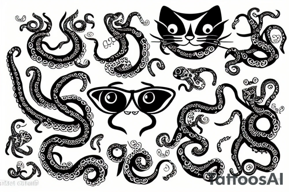 A cat with 4 eyes with lower part of the body as an octopus tattoo idea