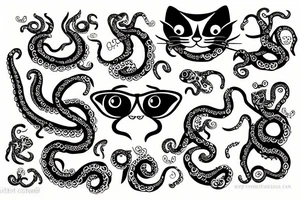 A cat with 4 eyes with lower part of the body as an octopus tattoo idea