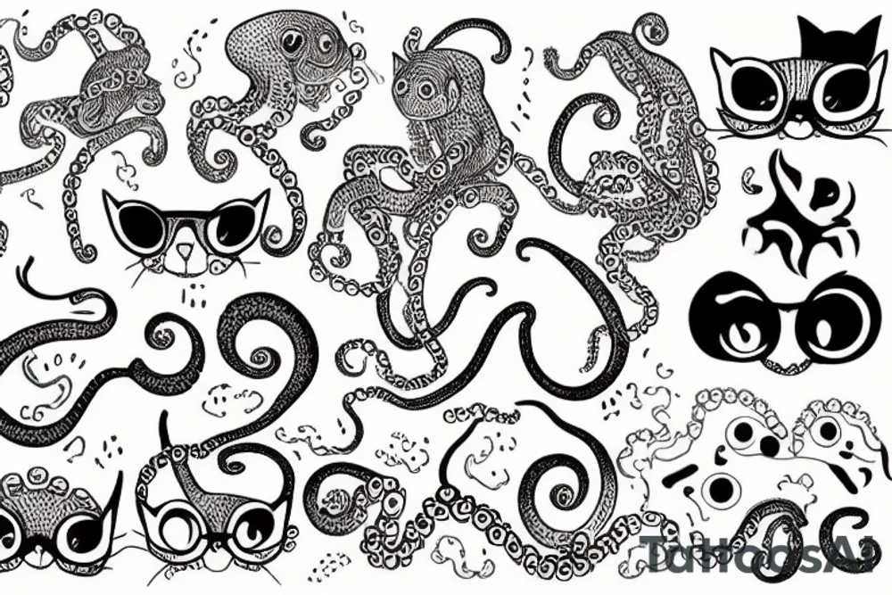 A cat with 4 eyes with lower part of the body as an octopus tattoo idea