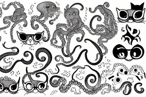 A cat with 4 eyes with lower part of the body as an octopus tattoo idea