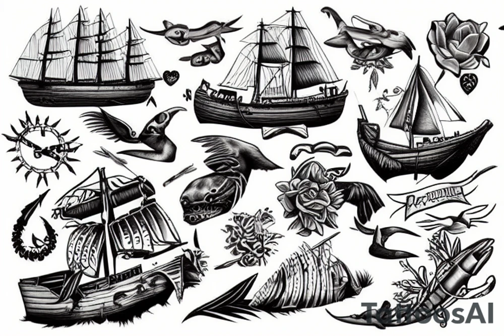 Shipwrecked with predators and pin up girl tattoo idea