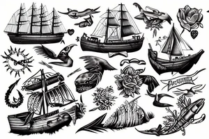 Shipwrecked with predators and pin up girl tattoo idea