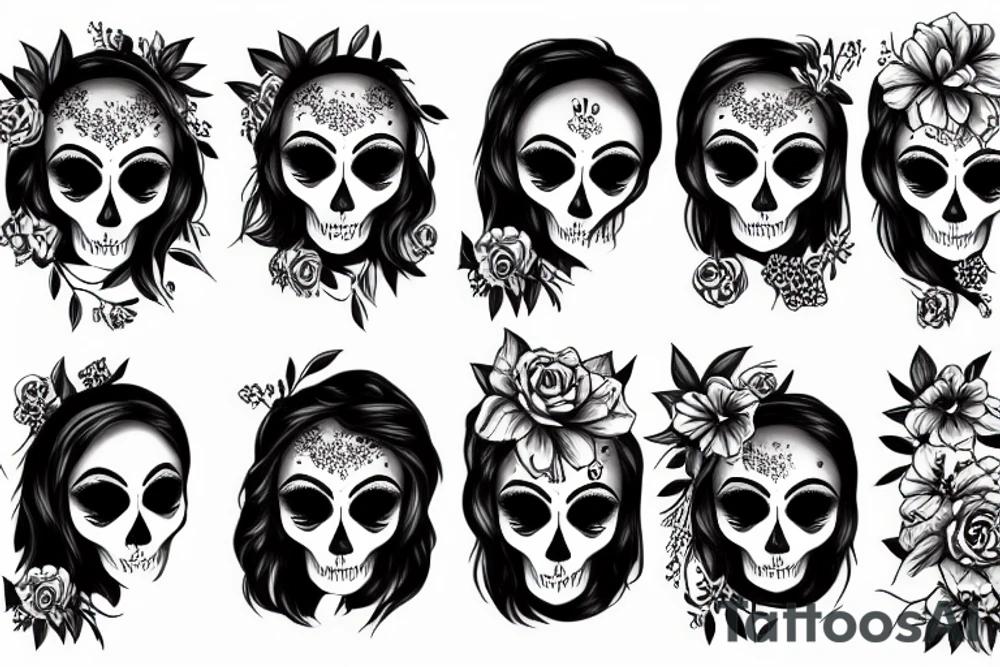Dark style woman with skull and flowers tattoo idea