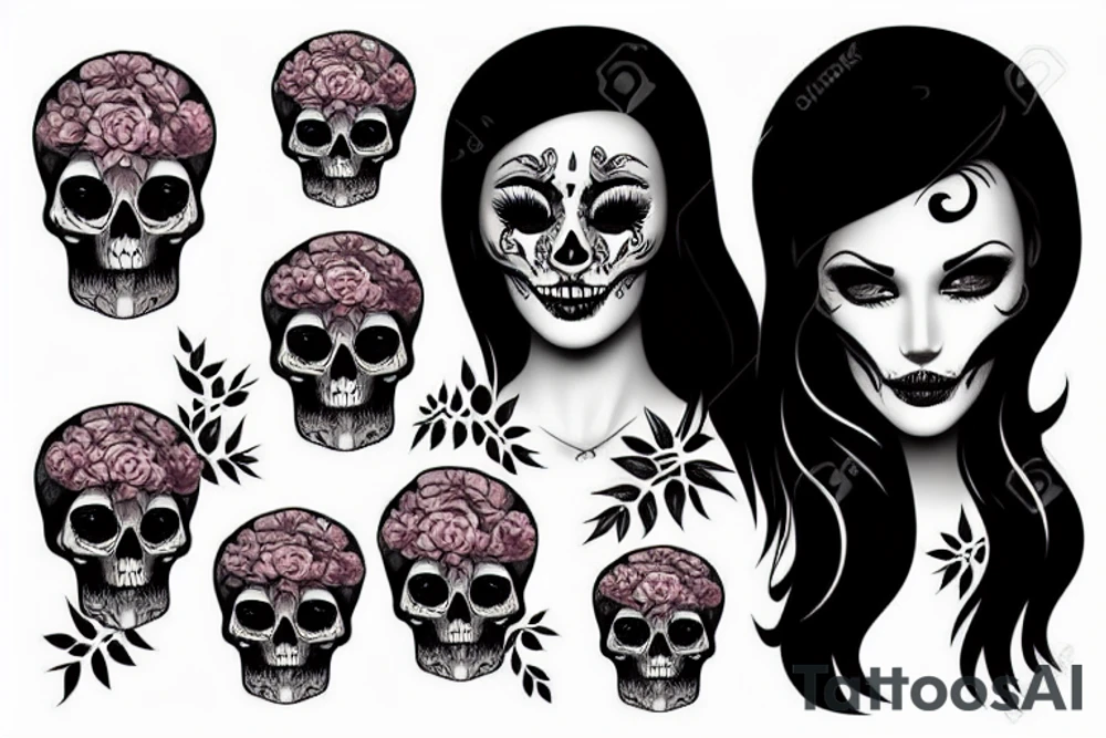 Dark style woman with skull and flowers tattoo idea