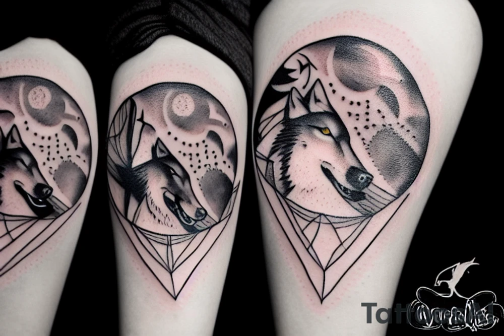 Wolf howling in center of a moon with a bat tattoo idea