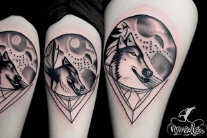 Wolf howling in center of a moon with a bat tattoo idea
