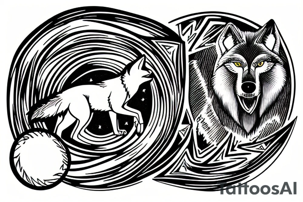 Wolf howling in center of a moon with a bat tattoo idea