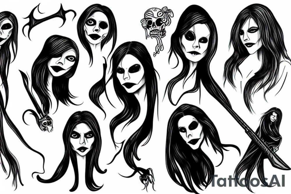 long haired woman dancing with a reaper tattoo idea
