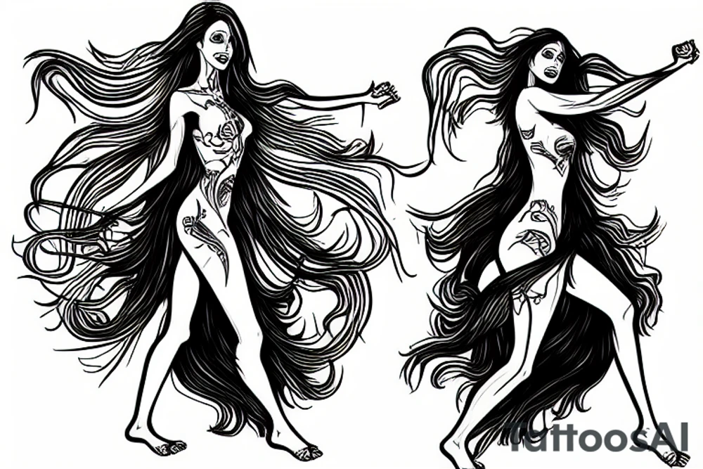 long haired woman dancing with a reaper tattoo idea