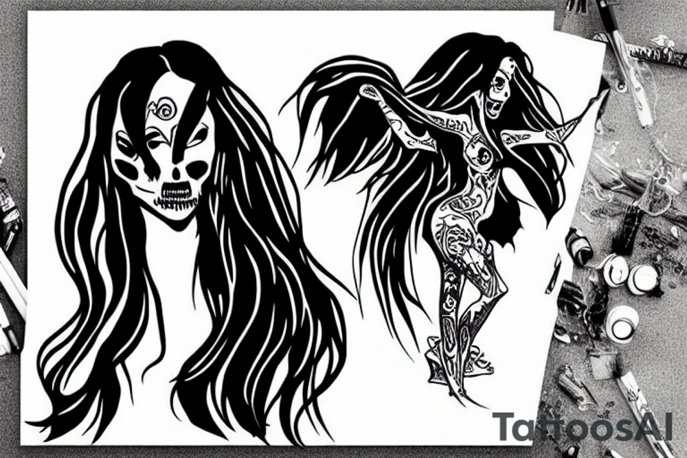 long haired woman dancing with a reaper tattoo idea
