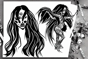 long haired woman dancing with a reaper tattoo idea