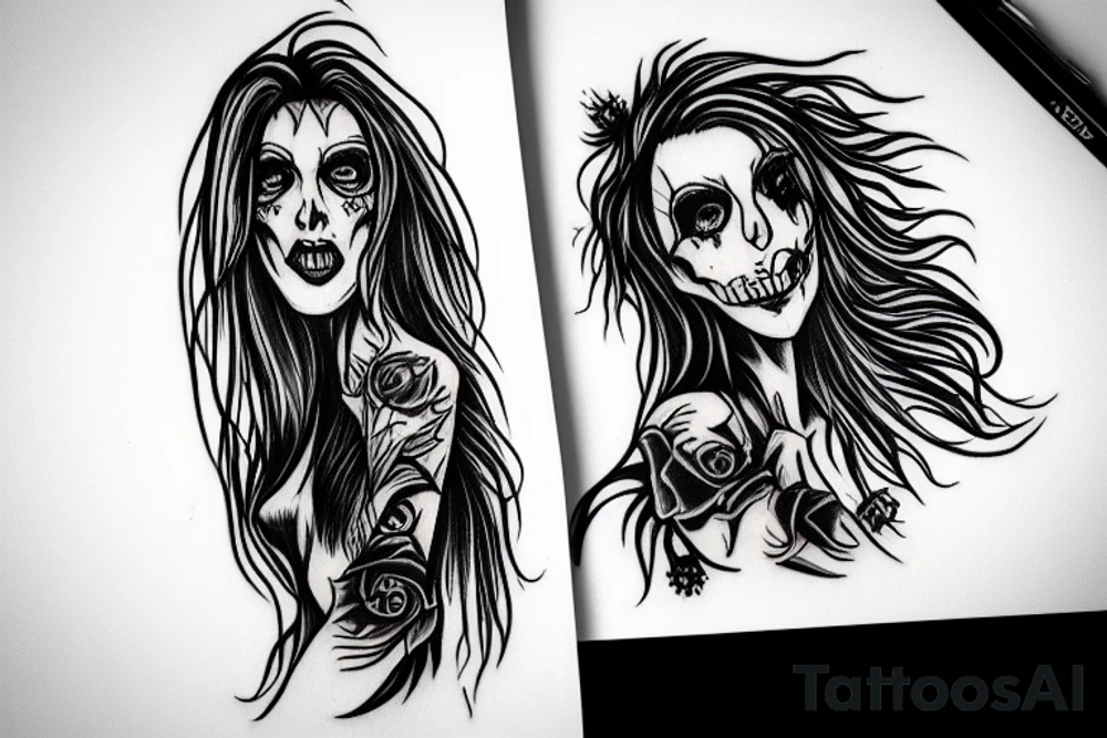 long haired woman dancing with a reaper tattoo idea