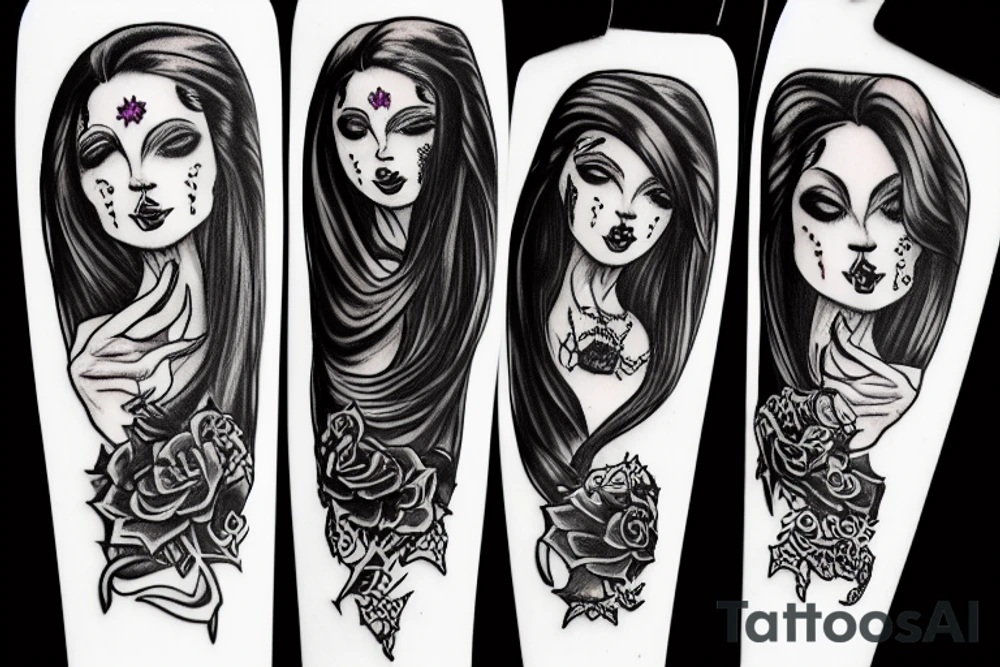 long haired woman in a dress dancing with a reaper tattoo idea