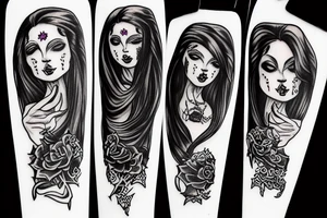 long haired woman in a dress dancing with a reaper tattoo idea