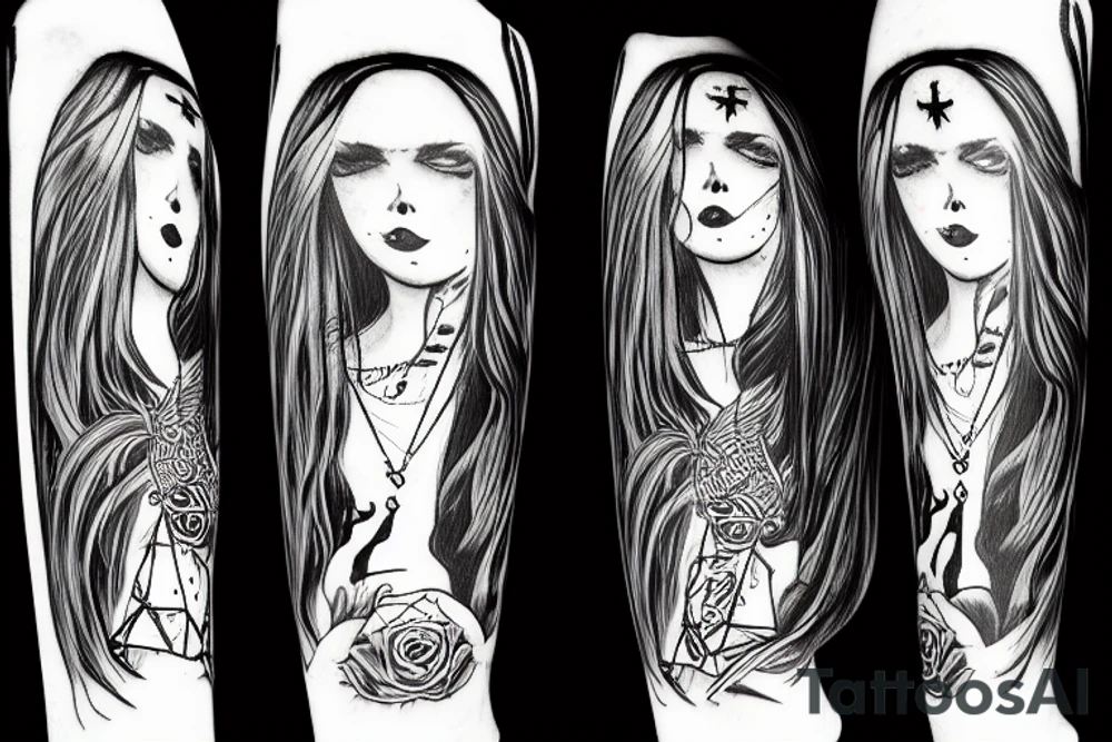 long haired woman in a dress dancing with a reaper tattoo idea