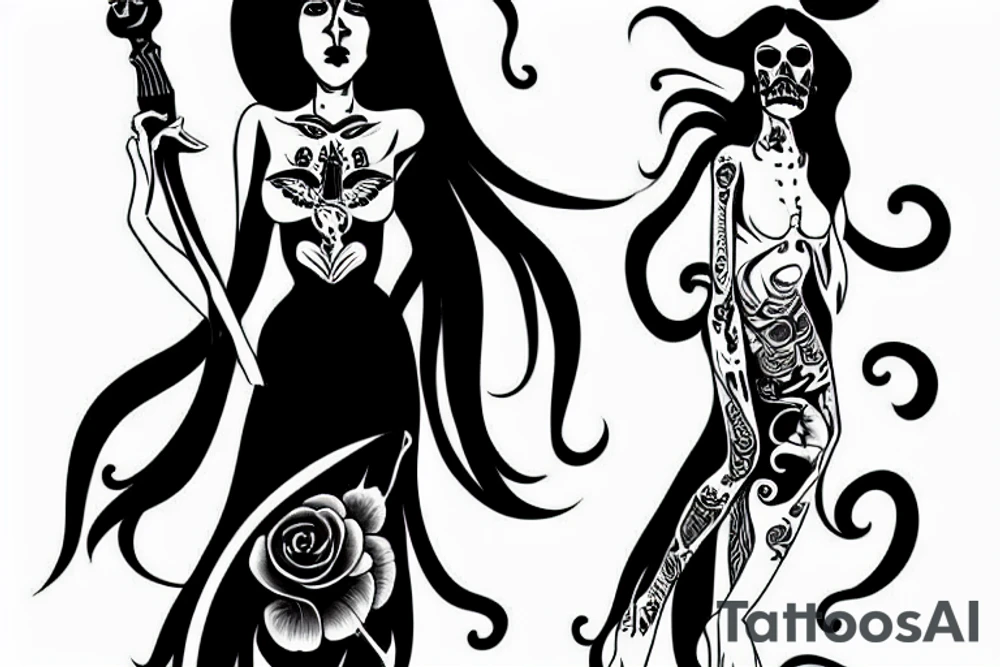 long haired woman in a dress dancing with a reaper, forearm tattoo idea
