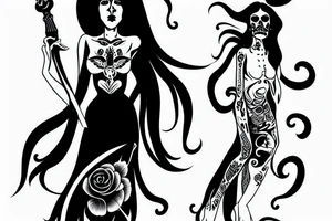 long haired woman in a dress dancing with a reaper, forearm tattoo idea