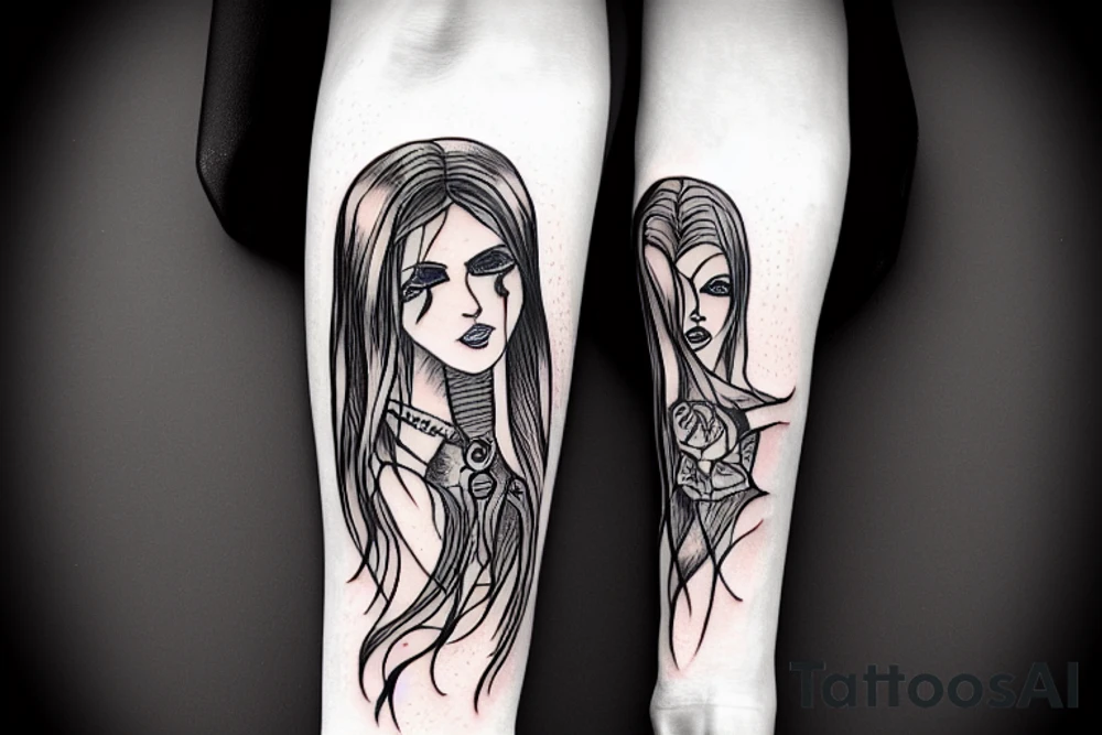long haired woman in a dress dancing with a reaper, forearm tattoo idea