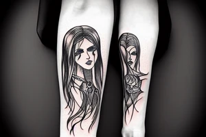 long haired woman in a dress dancing with a reaper, forearm tattoo idea