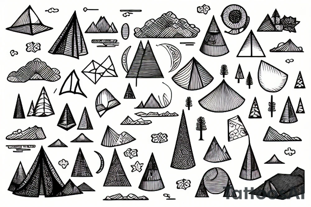 landscape with a Tent, geometric, longboard, water tattoo idea