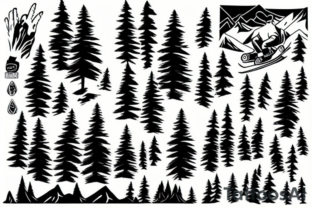 a snowboarder on the mountains with pine trees tattoo idea