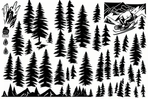 a snowboarder on the mountains with pine trees tattoo idea