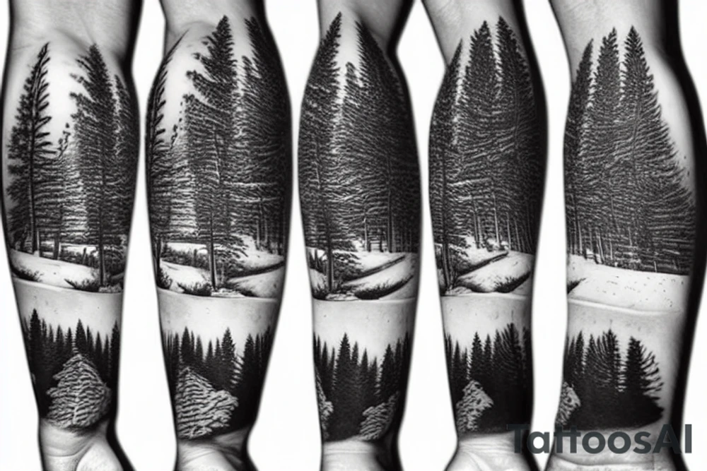 a snowboarder on the mountains with pine trees tattoo idea