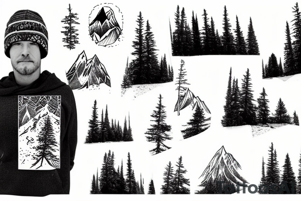 a snowboarder on the mountains with pine trees tattoo idea