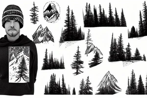 a snowboarder on the mountains with pine trees tattoo idea