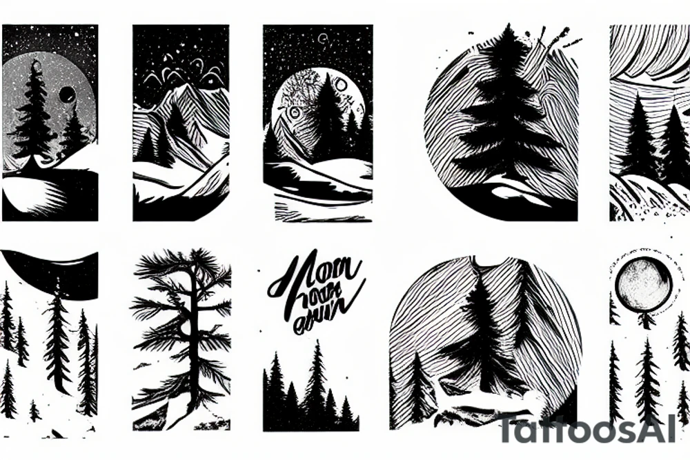 forearm tattoo, arm band style, a snowboarder on the mountain,pine tree, moon tattoo idea