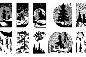 forearm tattoo, arm band style, a snowboarder on the mountain,pine tree, moon tattoo idea